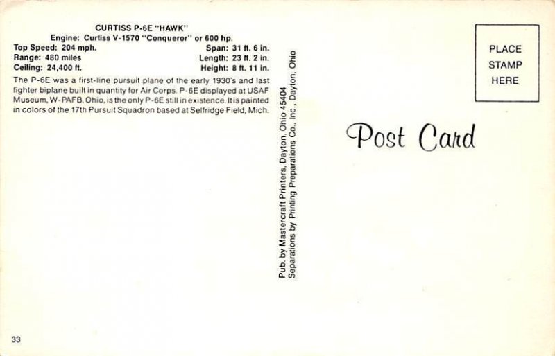 Curtiss P-6E Hawk Airplane Unused 