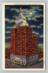 Houston TX-Texas, Night View of Hotel Esperson Building, Moon, Linen Postcard
