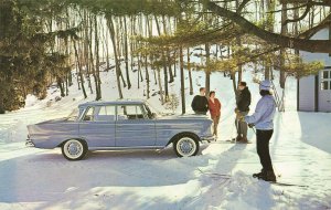 Mercedes Benz Blue Four-Door Sedan Skiers Snow Postcard