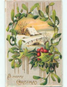 Pre-Linen christmas SNOW-COVERED BRIDGE OVER ICY RIVER BY HOUSE k1132