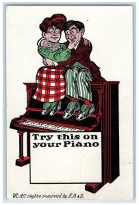 c1905 Couple Romance On Top Piano Try This On Your Piano Antique Postcard