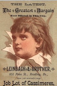 1880s READING PENNSYLVANIA LEINBACH & BROTHER PANTS VICTORIAN TRADE CARD P138