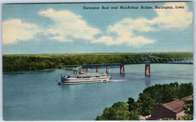 1955 Burlington, IA Excursion Steamboat Mac Arthur Bridge Mississippi River A249