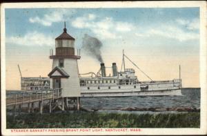 Nantucket MA Brant Point Lighthouse & Steamer Ship c1920 Postcard