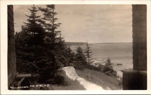 Real Photo Postcard Water Tree Rock Sea View of New Harbor, Maine