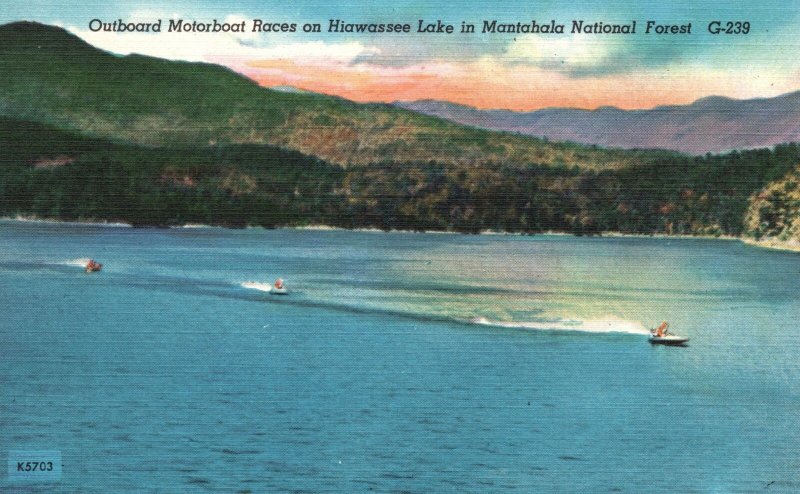 Vintage Postcard 1930's Motorboat Races Hiawassee Lake Mantahala Nat'l Forest NC