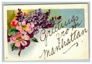 Vintage 1900's Postcard Greetings From Manhattan Flowers Glitter
