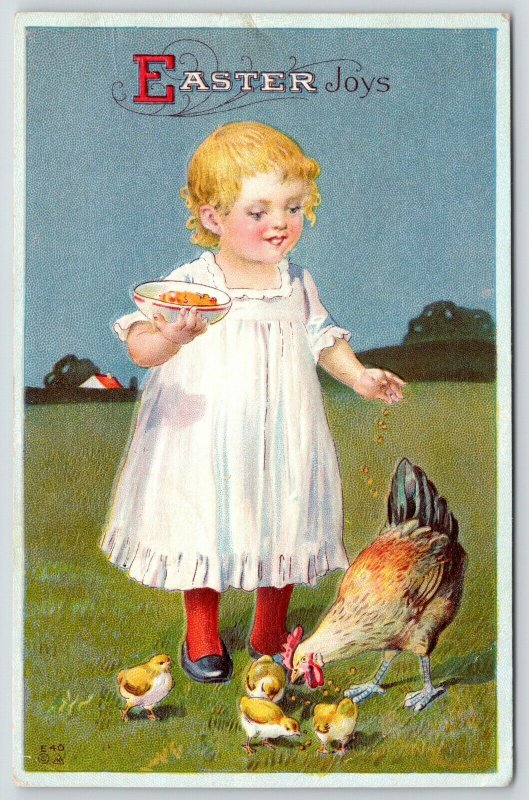 Country Easter~Lil Blonde Toddler Girl Tosses Chicken Feed~Hen & Chicks~NASH E40 