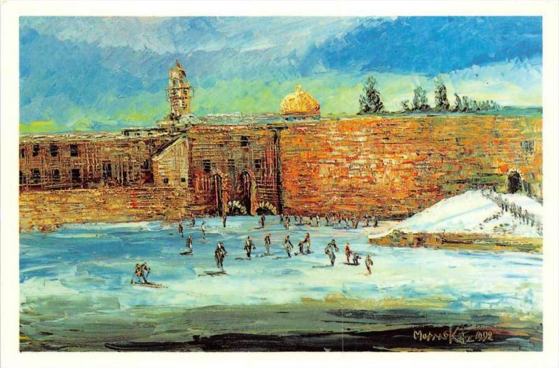 Painting by Morris Katz, people    skiing near building