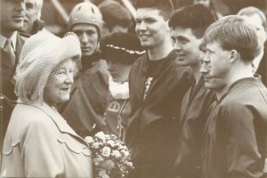 The Queen Mother seen talking to some of the soldiers Winchester, England 1989