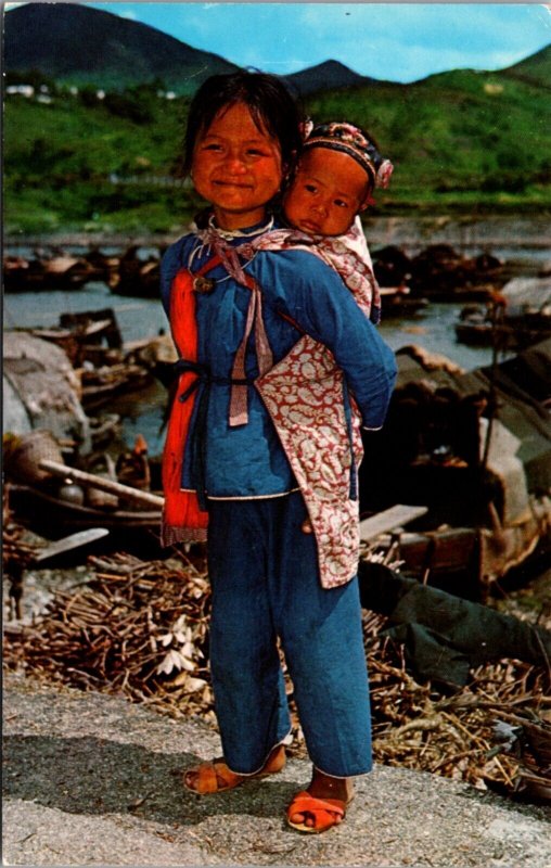 Postcard Little Girl and Her Younger Brother in Hong Kong