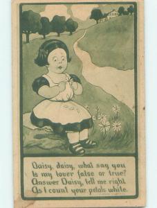 Pre-Linen GIRL PULLS THE PADDLES FROM A DAISY FLOWER HJ4257