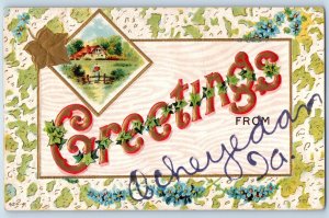 Iowa IA Postcard Greetings From Ocheyedan Farm Scene Embossed Airbrushed Vintage