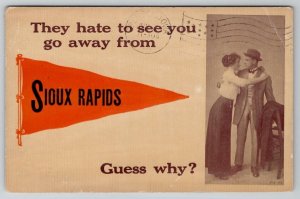 Iowa Sioux Rapids Pennant To See You Go Away 1912 to Spencer Postcard A26