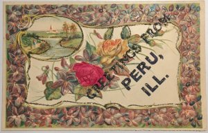 PERU, ILLINOIS Greetings Glitter LaSalle County Flowers c1910s Vintage Postcard