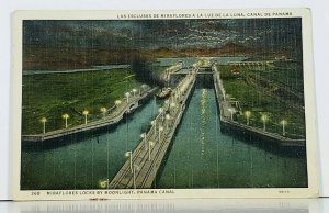 MORAFLORES LOCKS BY MOONLIGHT, PANAMA CANAL 1939 Postcard J11