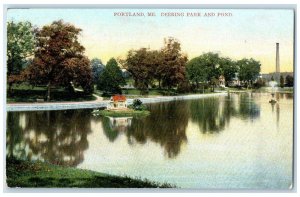 1909 Deering Park And Pond Trees Scene Portland Maine ME Posted Boat Postcard