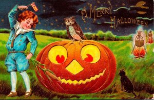 Vintage P Sanders Boy & JOL, Owl, Black Cat, Pots & Moon Halloween Postcard RARE