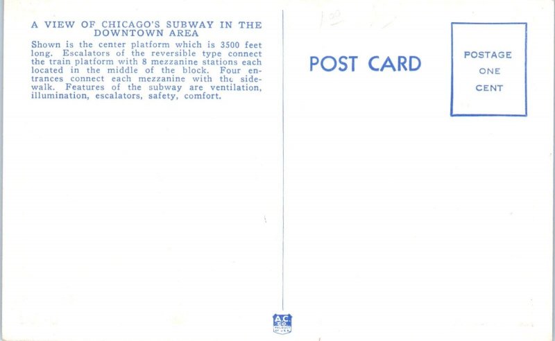 1950s Chicago Subway Platform View Chicago IL Postcard