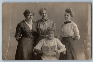 c1910's Four Women Reading Book Studio RPPC Photo Antique Unposted Postcard