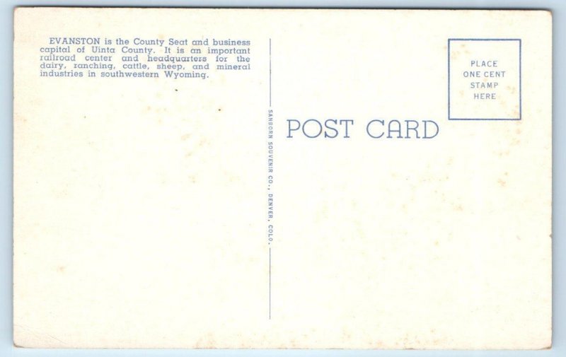EVANSTON, WY Wyoming ~ Lincoln Highway BIRD'S EYE VIEW c1940s Sanborn Postcard