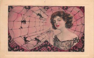 Lady Capturing Men in Spider Web Vintage Postcard AA75738
