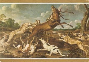 Deer harrassed by the pack Fine art, painting, modern Spanish postcard