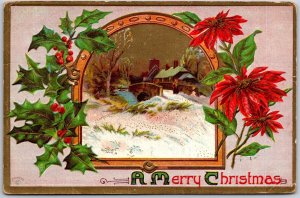 A Merry Christmas, 1912 Snowy Winter Cottage Scenes Holly Poinsettias, Postcard