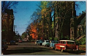 Vtg Moncton New Brunswick Canada Corner of Churches Old Cars 1960s Postcard