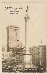 San Francisco CA Dewey Monument at Union Square, Real Photo Postcard,