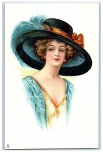 c1910's Pretty Woman Big Hat Feather My Lady Fair Tuck's Antique Postcard