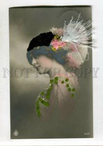 3146720 Lady in HAT vintage PHOTO tinted APPLIQUE Hand Made PC