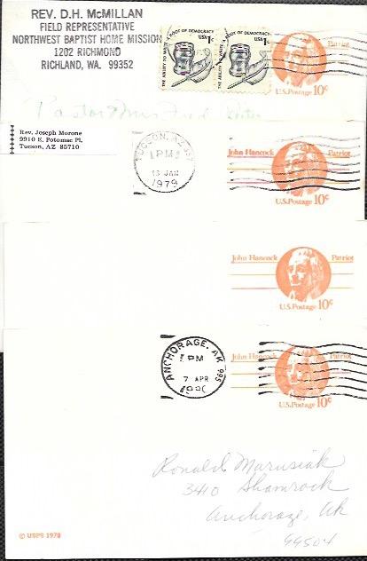 US Four Used Pre-stamped Postcards UX75 John Hancock, Patriot