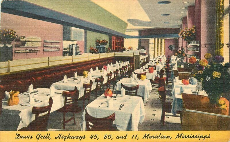 Davis Grill Interior roadside Meridian Mississippi Merritt Postcard 21-1964