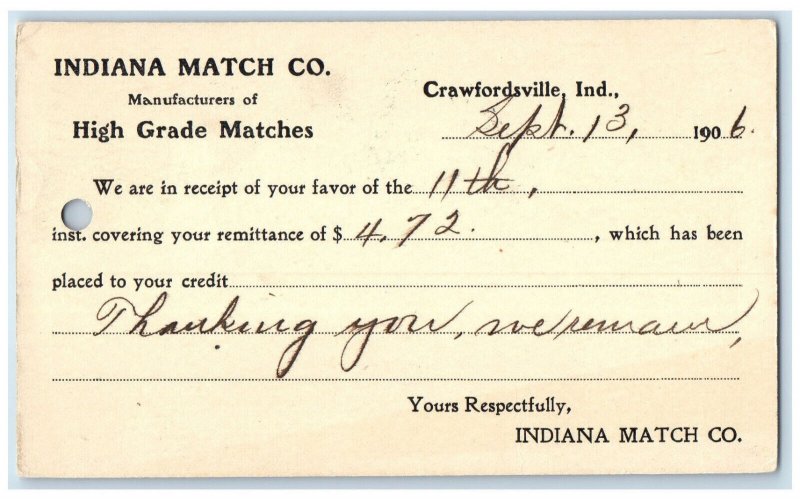1906 Indiana Match Co. High Grade Matches Crawfordsville Indiana IN Postal Card