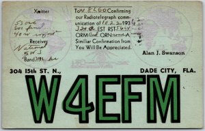 1936 QSL Radio Card Code W4EFM Dade City Florida Amateur Station Posted Postcard