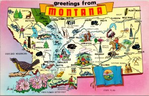 Greetings from Montana Map Postcard unused 1950s (7171)