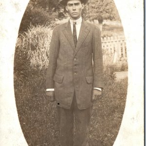 ID'd 1900s Handsome Young Man RPPC Classy Suit Hat Real Photo Charles Frank A184