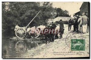 Old Postcard Militaria river Passage 75 on raft material Unloading of the box...