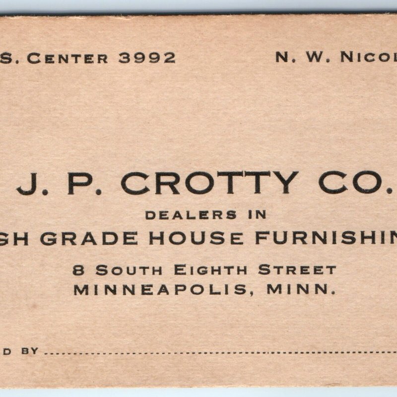 c1910s Minneapolis, MN JP Crotty Co House Decor Business Card Store Merchant C49