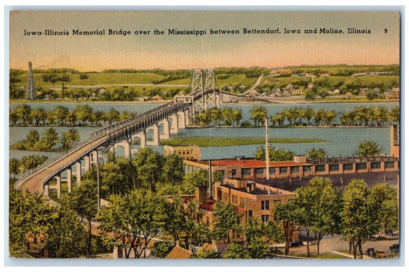 c1940's Iowa-Illinois Memorial Bridge Over Mississippi Moline IL Postcard