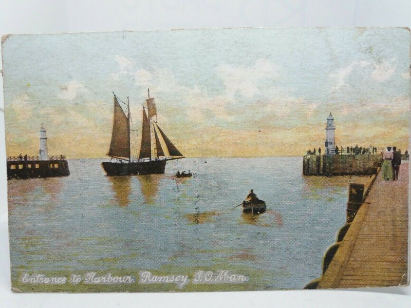 Boats in the Entrance to the Harbour Ramsey Isle of Man Vintage Postcard 1906