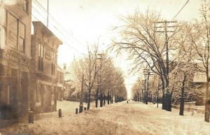 Sanford ME School Street Snow Storm Storefronts RPPC