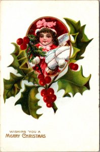 Christmas Postcard Little Girl Holding Packages and Tree Holly