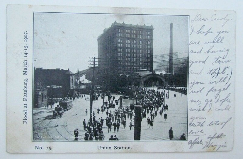 VINTAGE POSTCARD UNION STATION PITTSBURG FLOOD MARCH 1907 railroad train railway