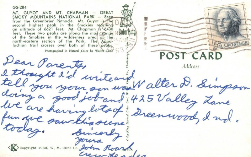 Vintage Postcard 1963 Mt. Guyot & Mt. Chapman Great Smoky Mountains Nat'l Park