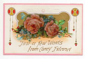 Coney Island Greetings Roses Flowers Glitter Vintage Postcard AA74489