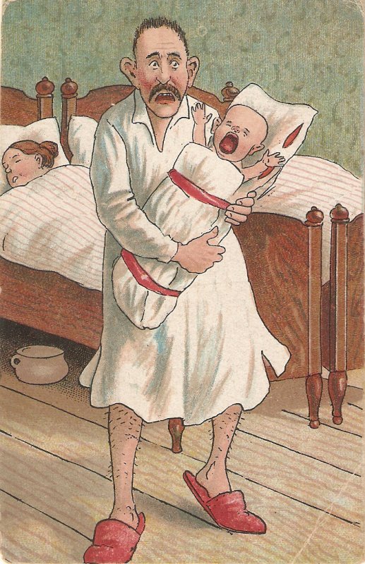 Father with crying baby. Mother in bed Humorous vintage postcard