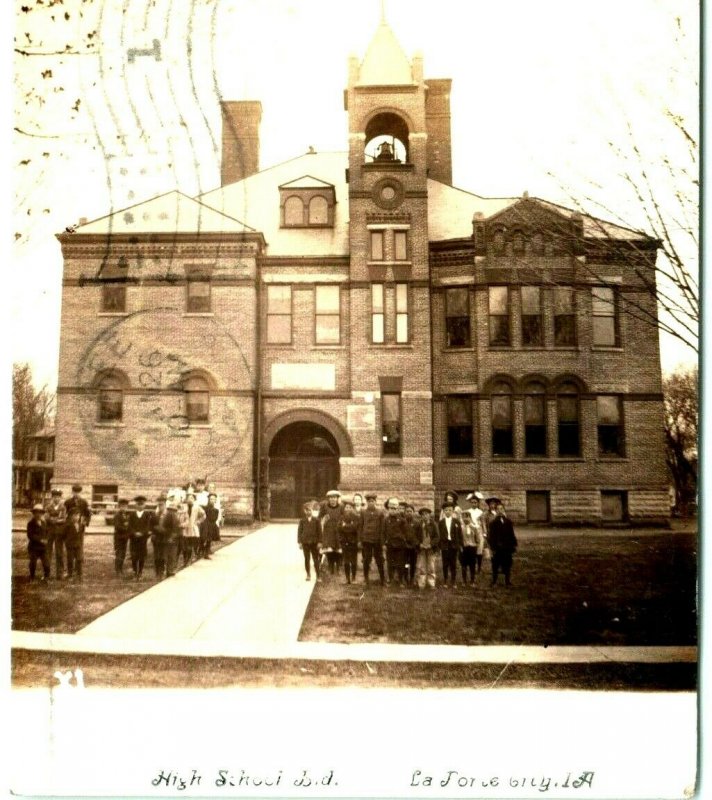 1908 La Porte City, Iowa High School Building Students RPPC Photo Postcard IA 