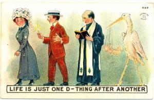 Stork Is Following Them Birth Postcard